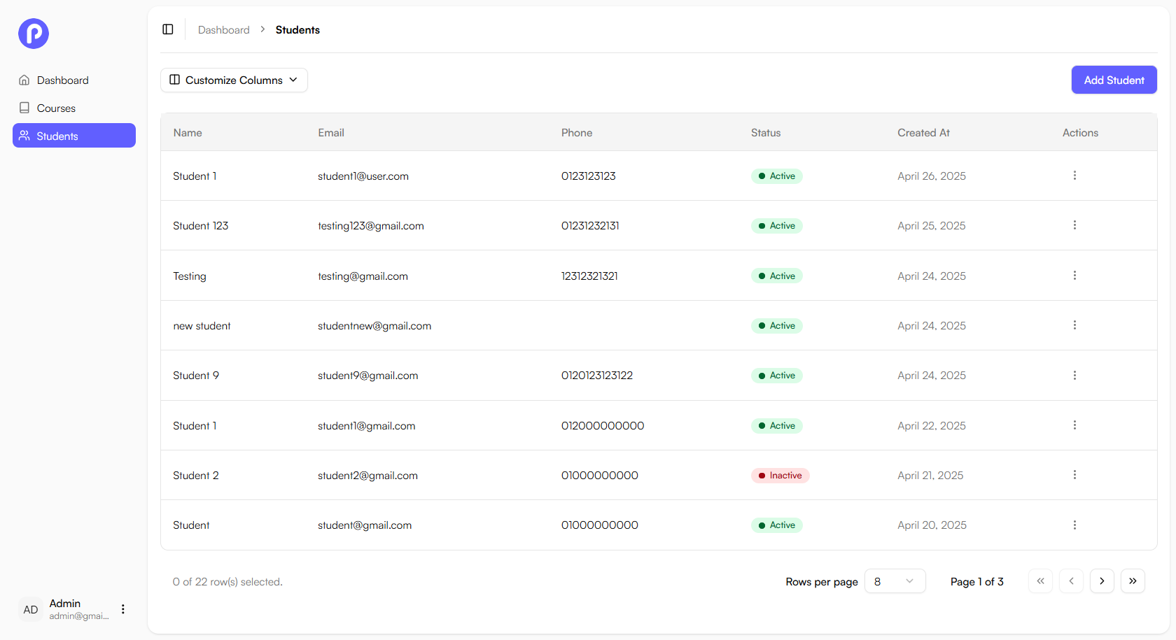dashboard students panel screenshot